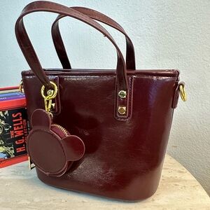 Elegant Burgundy Tote Bag with Bear Charm